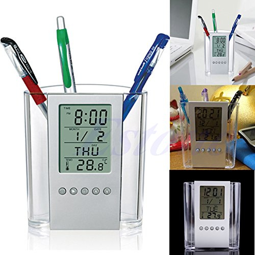 ZwaitL LCD Digital Alarm Clock Desk Pencil Pen Holder Calendar