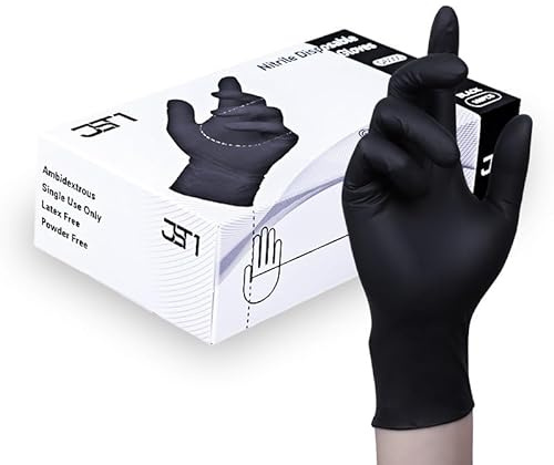 JST1 Black Nitrile Powder Free & Latex Free Disposable Gloves - Strong Heavy Duty for Cleaning, Mechanics, Catering and General Use, 100 Gloves (Medium)