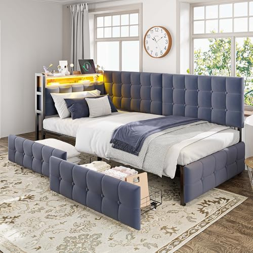 EINHOM Schlafsofa Tagesbett 90x200 cm, Polsterbett mit 2 Schubladen, Kinderbett mit LED-Nachttischlampe, USB- und-Typ-C-Anschluss, Multifunktionales Einzelbett, Ohne Matratze, Grau