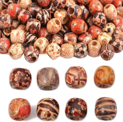 Träpärlor, 12 mm rund naturligt tryckt träpärla makramé stora hålpärlor, olika mönster lösa mellanrum hårfläta träpärlor för gör-det-själv smyckestillverkning armband halsband hår gör-det-själv dekor