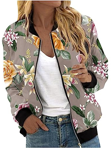 YAOJIWANG Veste Fleurie Femme mi Saison Veste Bomber Femme Printemps Blouson Manteau à Manches Longues Décontracté Zippé Jacket Casual Blouson Sport Outwear Tops Imprimé Fleur Vêtements