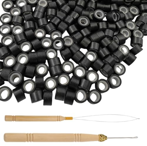 AOEVUIR 200 Piezas Anillos para Extensiones de Pelo, Microring Extensiones de Cabello Natural, Perlas para Extensiones con Silicona, Kit de Herramientas con Aguja y Gancho de Madera 5 mm Negro