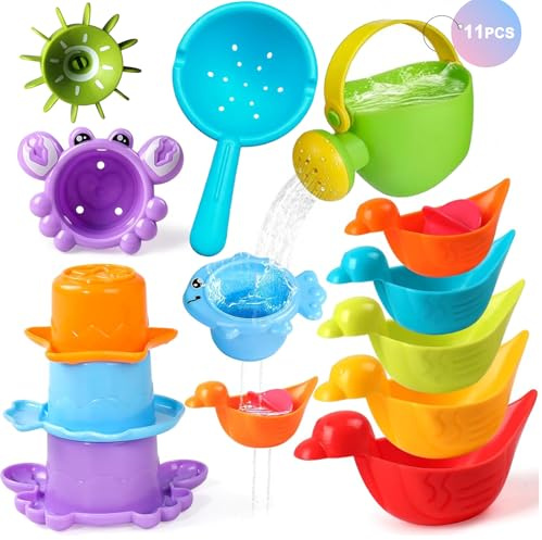 Lot de 11 jouets de bain pour bébé à partir de 1 an - Avec roue rotative - Jouet de bain anti-moisissure à partir de 1 à 5 ans - Pour pataugeoire, piscine et jouets d'eau pour enfants (couleurs