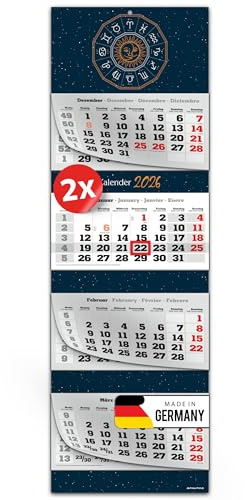 PRIMUS PRINT XXL Kalender 2026 - Mehrblock Wandkalender - 4-Monatskalender - mit Datum Schieber, Kalender zum Aufhängen - inklusive Feiertagen & Ferien - verschiedene Motive - [ 2x Sternzeichen ]