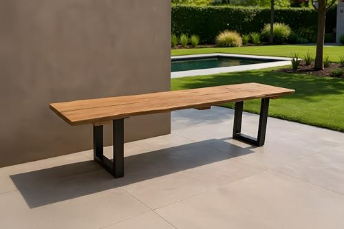 SAM Gartenbank Quito | 200 x 42 cm | Teakholz massiv | echte Baumkante | U-Gestell Metall Schwarz | Outdoor-Sitzbank/Baumkantenbank für Garten & Terrasse