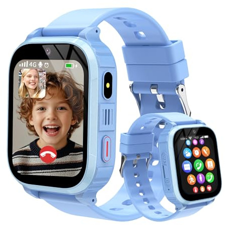 Reloj Inteligente Niño 4G, Smartwatch Niños con GPS y Llamadas, SOS, Vídeo/Voz Chat, Modo Clase, Despertador, Linterna, Calendario, Juegos, IP68 Reloj GPS Niños Regalo Cumpleaños de Navidad 4-15 Años