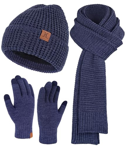ZASFOU Uomo Cappello Invernale Sciarpa Guanti Touch Screen Set Caldo Pile Foderati in Maglia Berretto Cappelli Sciarpe Lunghe Guanto Regalo Uomo