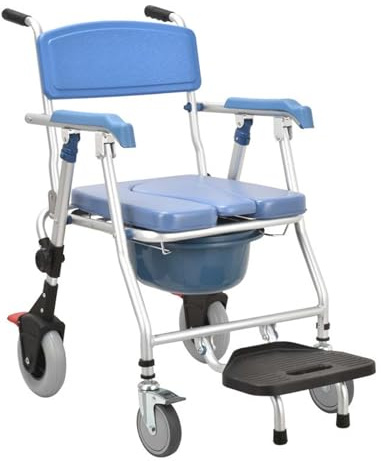 Chaise percée pliable portable avec roulettes – Chaise percée imperméable avec seau amovible et repose-pieds pour personnes âgées handicapées et assistance à la mobilité – Fauteuil roulant de chevet
