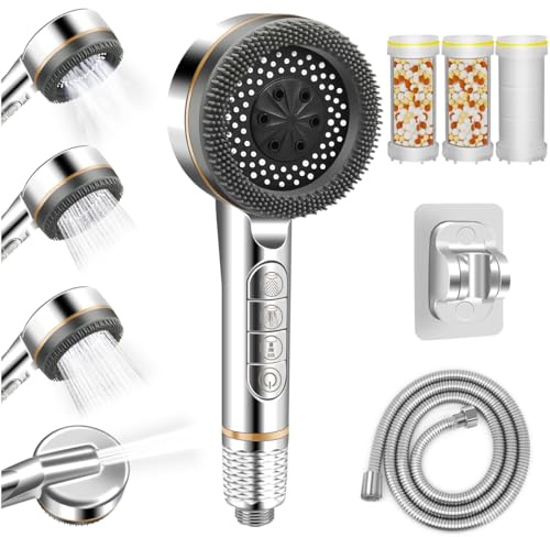 Pommeau de Duche avec Tuyau 1.5M, REETEE Pommeau Douche Anti Calcaire, Douchette Douche Salle de Bain avec Filtre, Pommeau de Douche Haute Pression avec 3 Modes de Jet (Argent gris)
