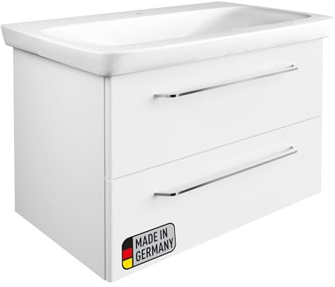 BadeDu NES Badmöbel Set 88cm, Weiß, 2-teilig – Modernes Möbel-Set mit Waschbecken und Unterschrank, Hochglanz Weiß, 2 Schubladen mit Soft-Close System – Made in Germany