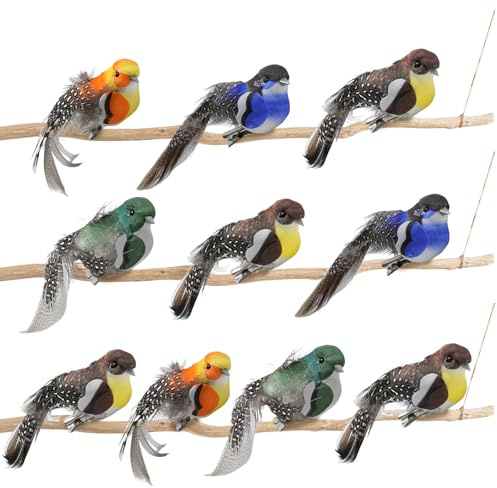 Hoypeyfiy 10PCS Colorful Artificial Birds, Soft Resin Feather Decorations with 360° Rotatable Metal Clips, Mini Fake Birds for Christmas Tree Party Home Garden DIY
