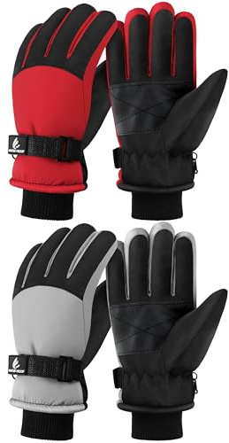 Wenouy 2 Pairs Kids Winter Gloves Waterproof Snow Ski Gloves for Boys Girls Warm Adjustable Accessories for Cold Weather Red, Gray, 8-12 Years
