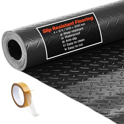 VEVOR Tappeto Rivestimento da Pavimento in PVC 1,2 x 3,05 m, Tappetino Protettivo per Pavimento Diamantato Spesso 2,2 mm con Nastro Biadesivo, Antiscivolo Facile da Pulire per Magazzini, Nero