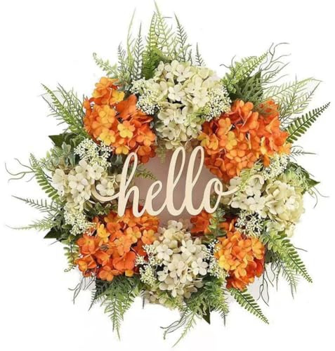 Gettimore Couronne de printemps artificielle d'eucalyptus et d'hortensia pour décoration d'intérieur, bleu/rouge/orange, 45 cm, tissu de soie et décoration florale en papier, broderie blanche
