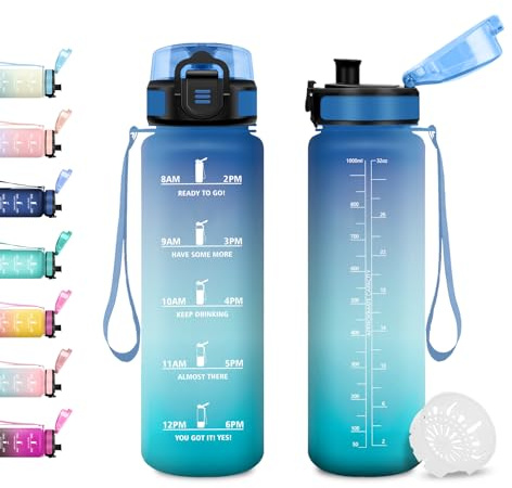 JAPORIA Trinkflasche 1L, Sportflasche mit Filter, Wasserflasche mit Zeitmarkierung, Trinkflasche Kohlensäure Geeignet, Sportflasche für Wandern, Fahrrad, Camping