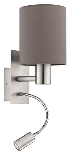 Eglo Aplique de pared LED PASTERI, aplique de pared textil con dos bombillas, acero níquel mate, textil antracita marrón, casquillo E27, incluye interruptor y luz de lectura LED flexible