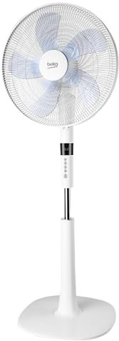 Beko, Ventilador de pie, 60 W, 40 cm, 10 aspas de diseño aerodinámico, 28 dBA, 26 niveles de velocidad, temporizador 24 horas, mando a distancia panel de control y pantalla limpia, color blanco