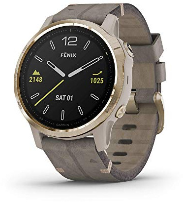 Garmin Fenix 6S Sapphire, Premium Multisport GPS Watch, Smaller-Sized, features Mapping, Music, Grade-Adjusted Pace Guidance and Pulse Ox Sensors, Light Gold with Gray Leather Band (Renewed)