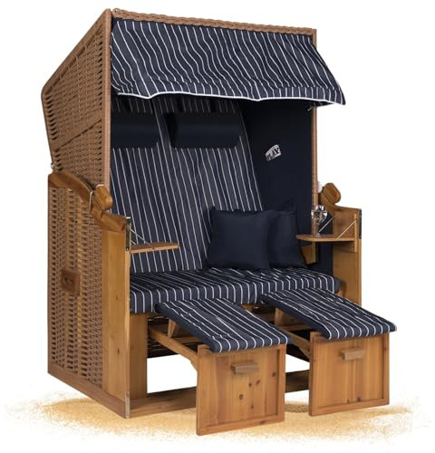 Strandkorb Hanse Strandkorb Ostsee XXL Volllieger Blau - 2-Sitzer 120cm breit, ideal für Garten, Terrasse und Balkon (Blau Weiß Nadelstreifen, zerlegt)