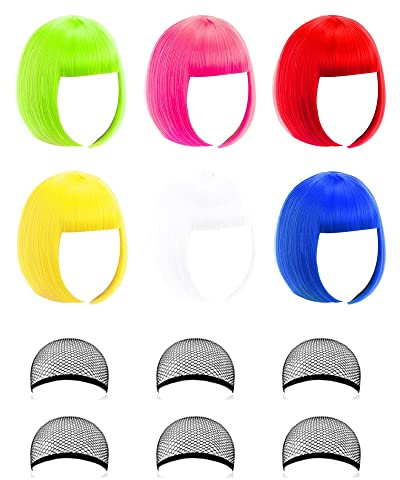 Paquete de 6 pelucas de colores, pelucas de neón de colores para fiestas, disfraces de cosplay, despedidas de soltero, discotecas, vacaciones