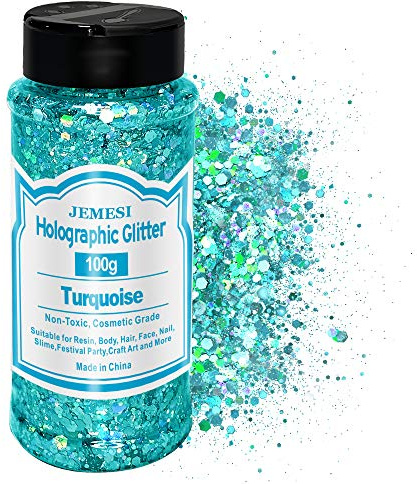 JEMESI 100g Brillo Corporal, Purpurinas Polvo, Chunky Glitter Flakes Paillette Brillante Decoración para Cara Maquillaje Pelo Arte Corporal Uñas y Mejilla - Turquesa