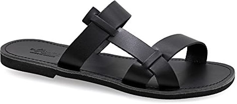 42 Schwarz Emmanuela Antike griechische Ledersandalen für Herren, hochwertige handgefertigte Open Toe Herren Sandalen, Slide on Summer Schuhe, Slide Riemchensandalen