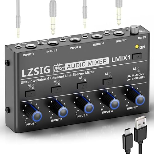 LZSIG Mini mixer audio, mixer stereo per sub-mixaggio, ultra silenzioso, 4 canali, controllo indipendente microfono dinamico, uscita TRS da 1/4 e 1/8 e ingresso per chitarre, basso, tastiere