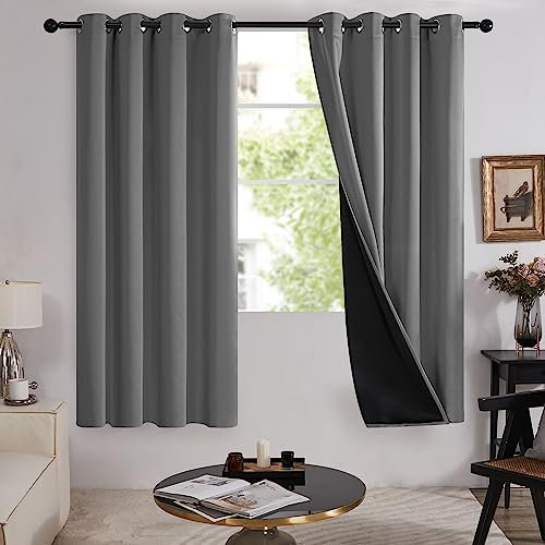 Deconovo 100% Blackout Curtains for Bedroom 54 Inch Drop, Double Layer Thermal Curtains Eyelet with Black Lining, 52 x 54 Inch(Width x Length), Dark Grey, 2 Panels