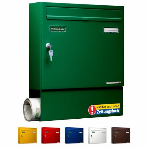 AL Briefkasten Systeme Basic 1er Briefkasten mit Zeitungsfach in RAL 6005 Moosgrün 1 Fach DIN A4 Postkasten wetterfest wasserdicht Briefkastenanlage mit Posthaltebügel und 2 Namensschildern