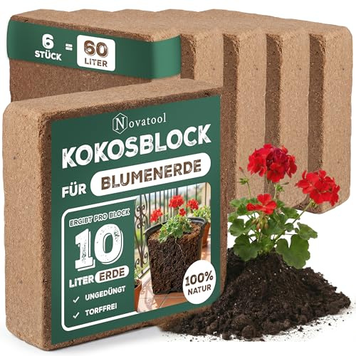 6X Blumenerde | Humuserde mit Beutel | Anzuchterde ohne Dünger | 60 Liter | Kokosfaser Erde Orchidee | Cocos Humus | 750g 19x18x5cm | Torferde Garten Kokosnuss Erde Substrat Zimmerpflanzen Kokoserde