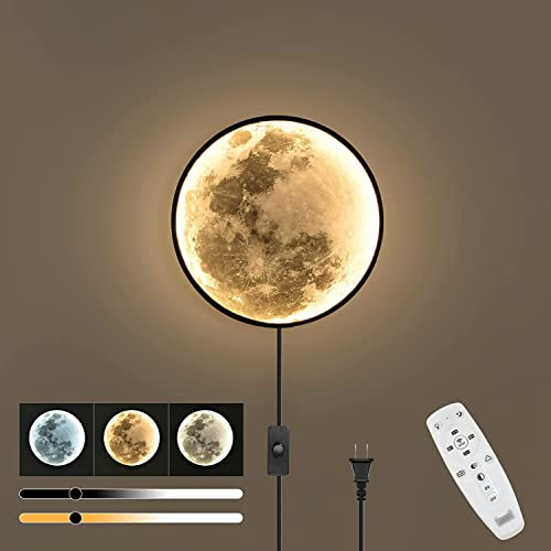 LED Wandleuchte Kinder Mond Innen Dimmbar Wandlampe mit Stecker 3000K-6000K Nachttischlampe mit Kabel 3D Mond Nachtlicht für Kinderzimmer Babyzimmer Kindergarten Modern Innen Rund Wandbeleuchtung