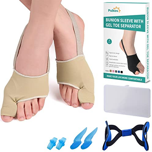 Puikos Hallux Valgus Zehenspreizer Zehen Separator Set, 1 Paar Hallux Valgus Socken Bunion Corrector, 1 Stück Big Toe Strap und 2 Stück Zehenspreizer für Damen Herren (1 Zehen/Groß, Beige)