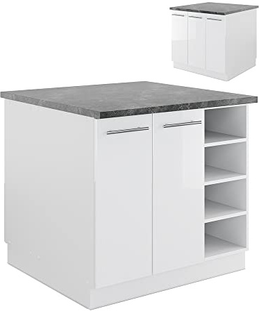 Vicco Kücheninsel Fame-Line, Weiß Hochglanz/Weiß, 90 cm | MDF-Front · 6 Einlegeböden · Höhenverstellbare Füße · Metallgriffe · Soft-Close
