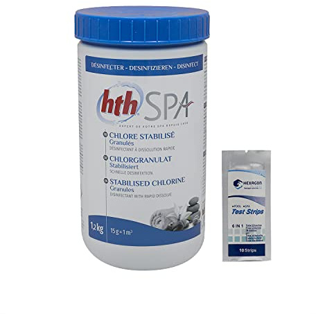 HTH Spa Chlor, stabilisiert, Granulat – 1,2 kg | Chlor Schockstabilisiert – Schockdesinfektion – schnelle Auflösung + 10 HPS-Tests gratis 6 in 1