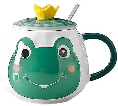 Xfeyaqlo Tasse Froschmotiv, Becher Frosch, Kaffeetasse mit Deckel und Löffel, Schönes Frisches und Schlichtes Froschdesign mit Kronendeckel, Keramik, 400ml (Dunkelgrün)