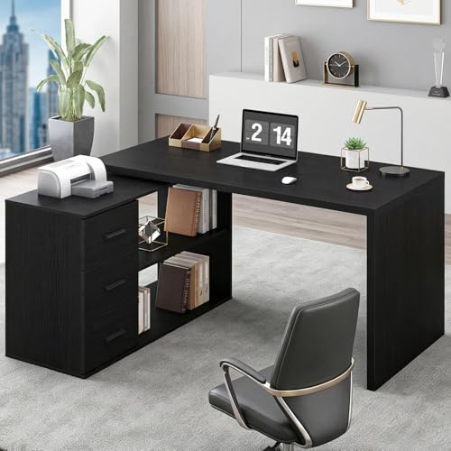 HSH L Shaped Computer Desk Corner Home Office Desk with Drawers 140cm Black | L Shaped Computer Desk with 3 Drawers and 2 Shelves, Reversible Office Corner Desk for Writing Study Work Executive