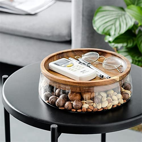 Glasschale mit Holzplatte Obst Nuss getrocknete Aufbewahrungsbox Behälter Süßigkeiten Aufbewahrungsbox Obstschale mit Holzdeckel (A 23 * 21 * 8cm)