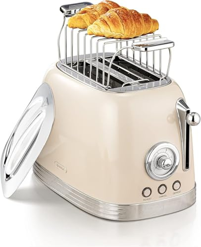 Wiltal Toaster 2 Scheiben Retro mit Brötchenaufsatz, Cremeweiß