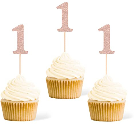Gexolenu 24 Stück Roségold, doppelseitige Cupcake-Topper zum 1. Geburtstag, Glitzer, Alter 1. Kuchenspieße, Dekoration, Party-Dekoration, Babyparty, Jahrestag, Partyzubehör