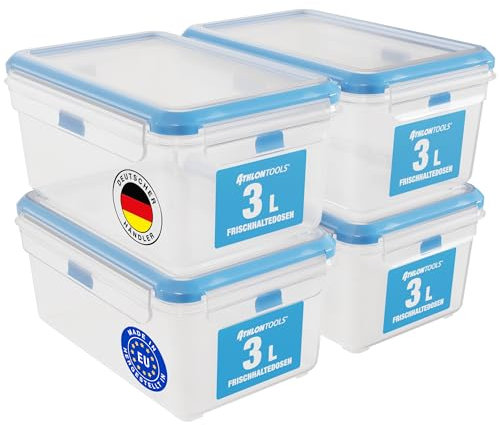 ATHLON TOOLS Set di 4 contenitori salvafreschezza da 3 l, in qualità gastronomica, 100% ermetici e a prova di perdite, da -40 a +100 gradi, per tutti gli alimenti, senza BPA, per frigorifero (3 l, set