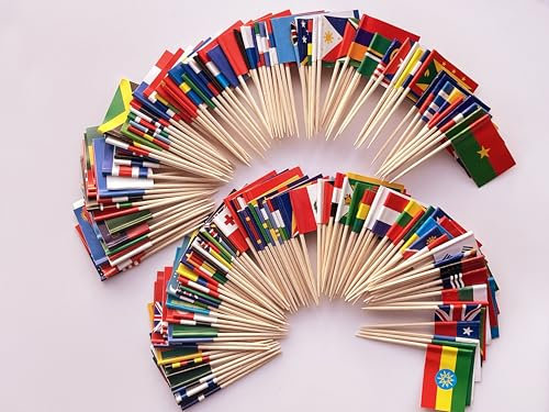 CANTENDO 200Pcs Different 200 Countries Toothpick Flags, Mini Country Stick Cupcake Toppers, Party Decoration Celebration Cocktail Food Bar Cake Flags