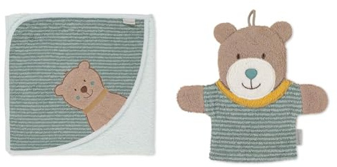 Sterntaler Kapuzenbadetuch Ben, Bär Ben, Alter: ab 0 Monaten, 80 x 80 cm, Hellgrün & Spiel-Waschhandschuh Bär Ben, Größe: 22 x 24 cm, Mittelgrün