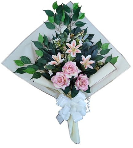 DRW Ramo de Flores para Cementerio Ramo Flores Artificiales para Meter en el Bote Jarron o sobre Sepultura 73x63x20 cm (Lirios y Rosas Rosas)