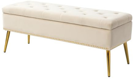 HULALA HOME Sitzbank mit Stauraum, Sitztruhe mit Nailhead-Besatz, Bettbank aus Samt, Bank mit goldenen Metallbeinen für Flur, Eingangsbereich, Wohnzimmer, Schlafzimmer, Tan (Beige)