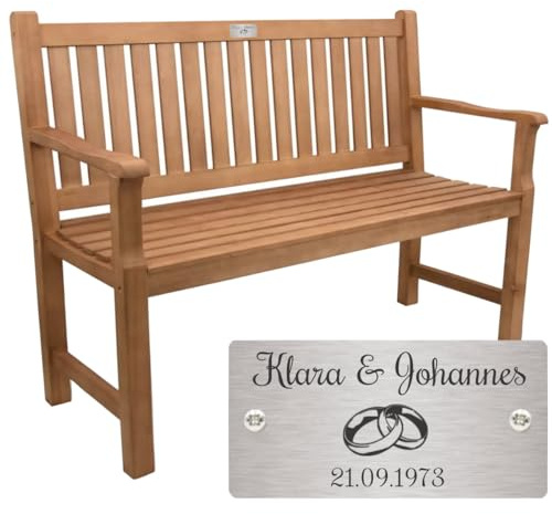 Sterngraf Bank zur goldenen Hochzeit mit Gravur-Schild zB. Ringe (Namen/Datum), Gartenbank 120cm Holz Armlehnen-Bank, Edelstahlschild personalisiert Geschenk-Idee Jubiläumsbank 50. Hochzeitstag