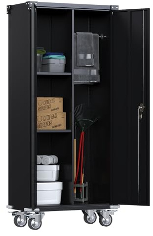 SUPEER kvastskåp, rengöringsmedelsskåp, multifunktionsskåp, metall garage förvaringsskåp med hjul, kvast skåp förvaringsskåp med hängande stång 180 x 80 x 40 cm (svart)