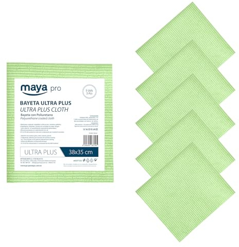 Maya - Bayetas de Microfibra | 38x35 cm | Pack de 5 Paños Ultra Plus Antibacterias y Antical para Limpieza de Cocina, Cristales y Acero Inoxidable sin Rayas (Verde)