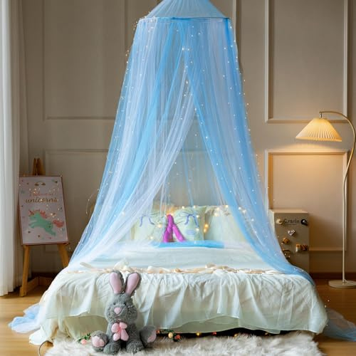 Wnqou Princess White Blue Bed Canopy with Warm Fairy Lights for Girls Bed Net,Princess Canopy for Kids Bed Room