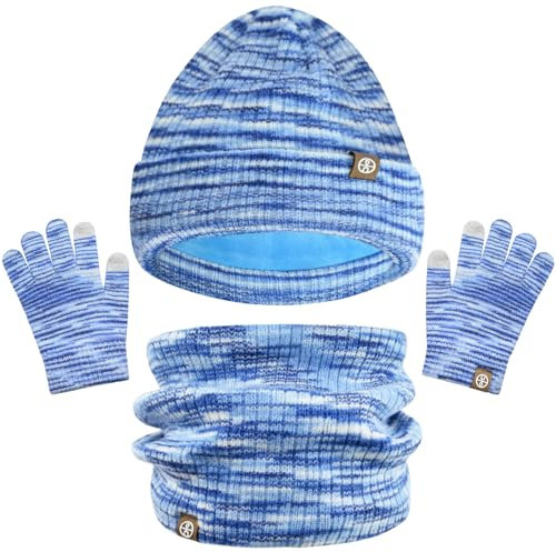 LINSOCLE 3 in1 Kinder Wintermütze Schal Handschuhe Set,Mädchen Winter Beanie Hut Schal Handschuhe Set,Mädchen Strickmütze für Kinder 5-12 Jahre