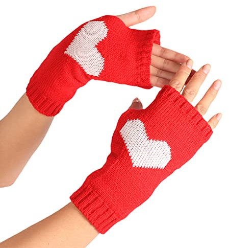 Handschuhe für Damen, kaltes Wetter, einfarbig, Herzmuster, Halbfinger, warme Strickhandschuhe, Fäustlinge (Rot, A)